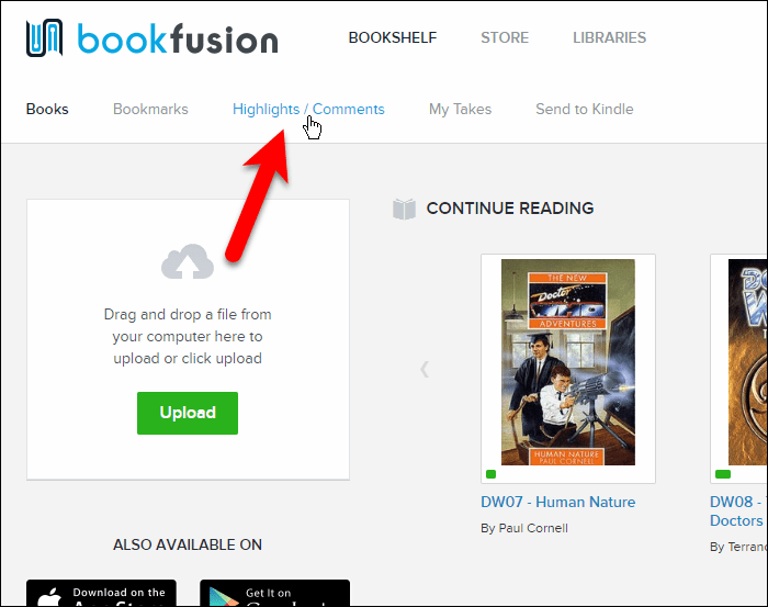 לחץ על הדגשים / הערות בממשק האינטרנט BookFusion