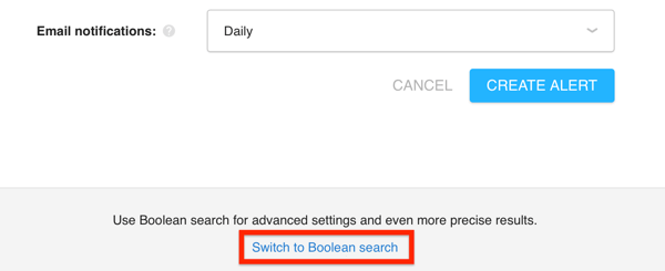 לחץ על כפתור החלף לחיפוש בוליאני ב- Awario כדי לגשת לתכונת החיפוש הבוליאנית.