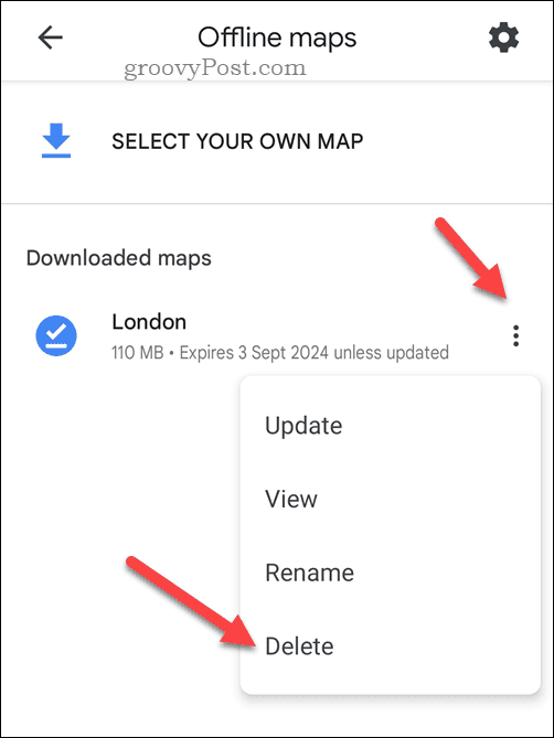 מחק מפה לא מקוונת של מפות Google