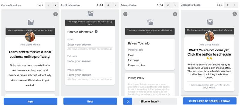 מודעות מובילות בפייסבוק יוצרות אפשרות חדשה לטופס לידים כדי להציג בתצוגה מקדימה את הגדרות ואופציות הטופס להוביל לפני הפרסום
