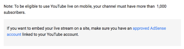 YouTube Live בנייד דורש שיהיו לך 1000 עוקבים לערוץ שלך או יותר.