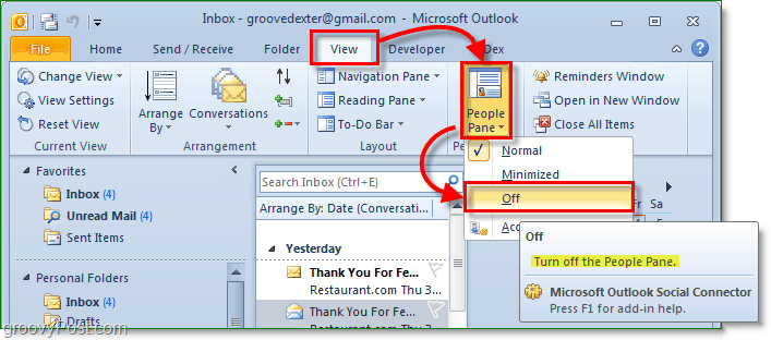 כיצד לכבות את חלונית האנשים ב- Outlook Office Microsoft 2010