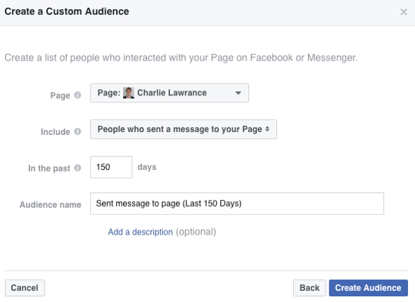 בחר באפשרות ליצור קהל של אנשים ששלחו הודעה לדף הפייסבוק שלך.