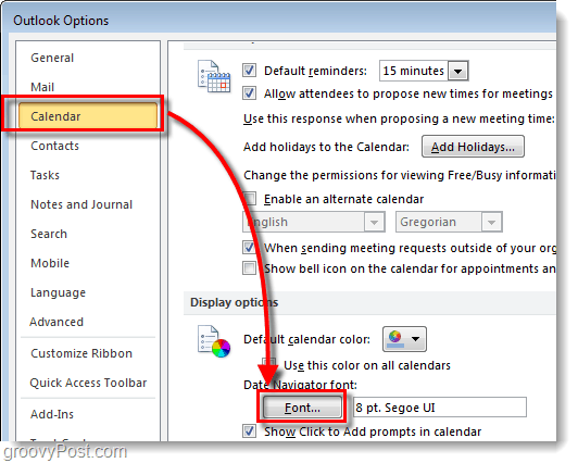 כיצד לשנות את גופן Navigator לתאריך לוח השנה של Outlook 2010