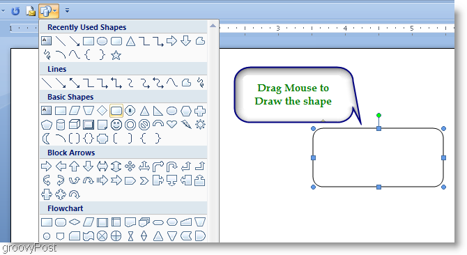 Microsoft Word 2007 צייר את הצורה על ידי גרירת העכבר