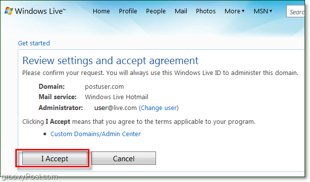 בדוק וקבל את ההסכם לתנאי הדוא"ל של Windows Live