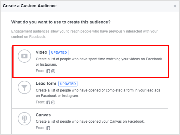בחר באפשרות מעורבות וידאו עבור הקהל המותאם אישית שלך בפייסבוק.