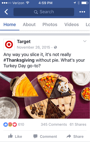 הודעה זו של חג ההודיה מאת Target מוצגת היטב גם בפידים שולחניים וגם בניידים.