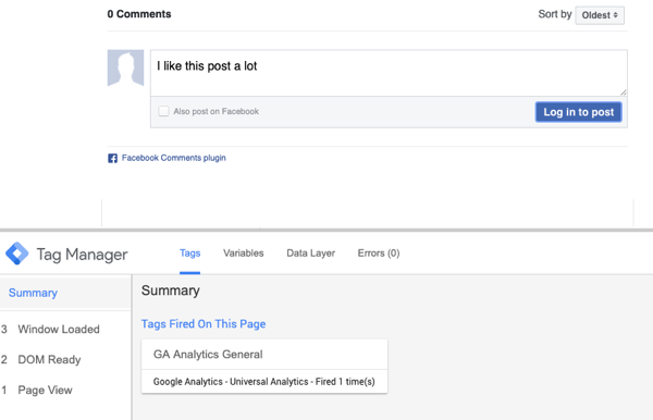 השתמש ב- Google Tag Manager עם פייסבוק, שלב 23, תצוגה מקדימה של תגובה עם בחירת סיכום לתג פייסבוק מפוטר
