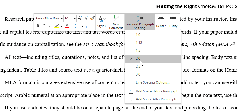 ריווח השתמש בפורמט mla ב- Microsoft Word