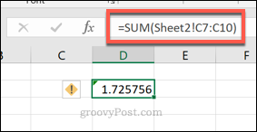 נוסחת SUM של Excel המשתמשת בטווח תאים מגליון עבודה אחר