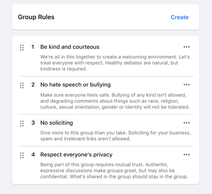 דוגמה לכללים שנקבעו לקבוצת פייסבוק כמו להיות אדיבים, ללא דברי שנאה, ללא שידול וכו '.