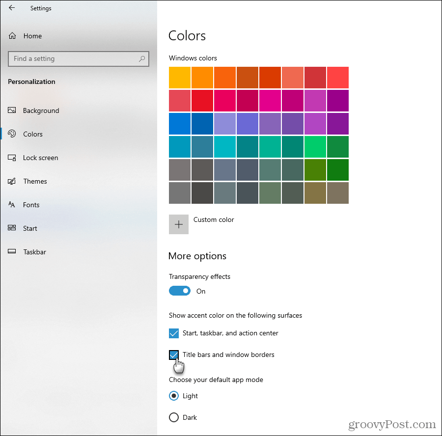 הצג אפשרויות צבע מבטא ב- Windows 10