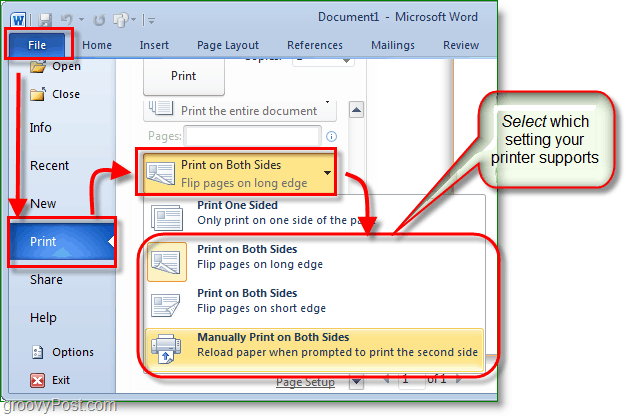 תמונת מסך של Micosoft Word 2010 התאם את הגדרות ההדפסה שלך להדפסה משני הצדדים