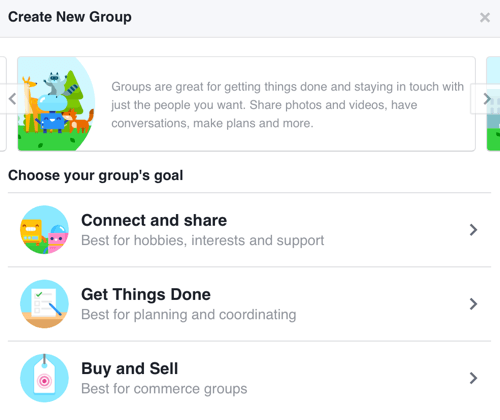 כדי ליצור קבוצת פייסבוק המתמקדת בבניית קהילה, בחר התחבר ושתף.