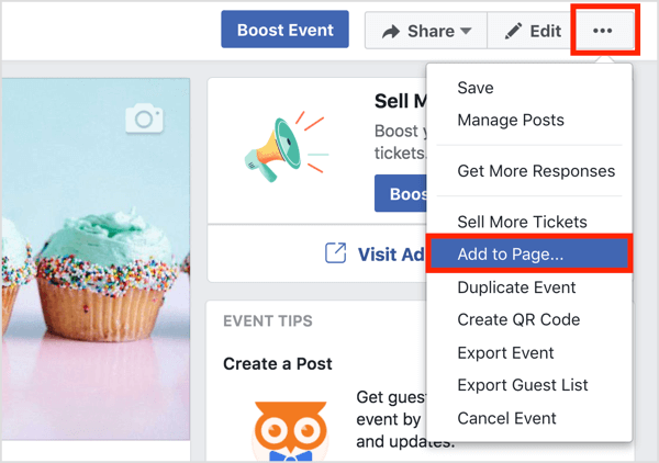לחץ על כפתור שלוש הנקודות בראש עמוד האירוע בפייסבוק ובחר הוסף לדף.