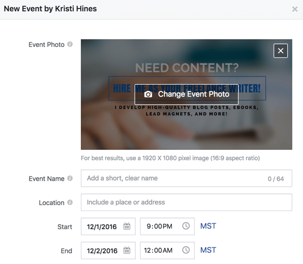 מלא את הפרטים האלה כדי ליצור אירוע בפייסבוק.