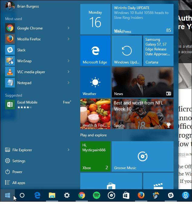 Windows 10 התחל שלוש עמודות