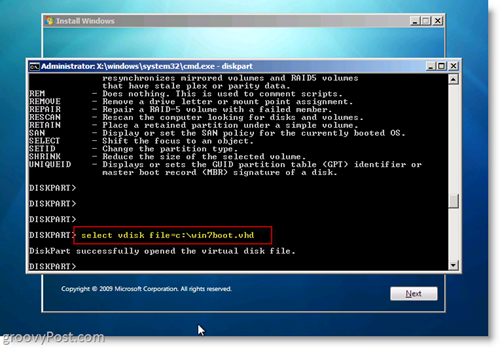 Windows 7 Native VHD התקן אתחול כפול בחר VHD מ- CMD Prompt