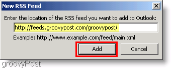 צילום מסך של Microsoft Outlook 2007 - הקלד הזנת RSS חדשה