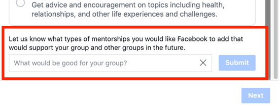כיצד לשפר את קהילת קבוצות הפייסבוק שלך, אפשרות להציע אפשרות לקטגוריית חונכות קבוצתית לפייסבוק