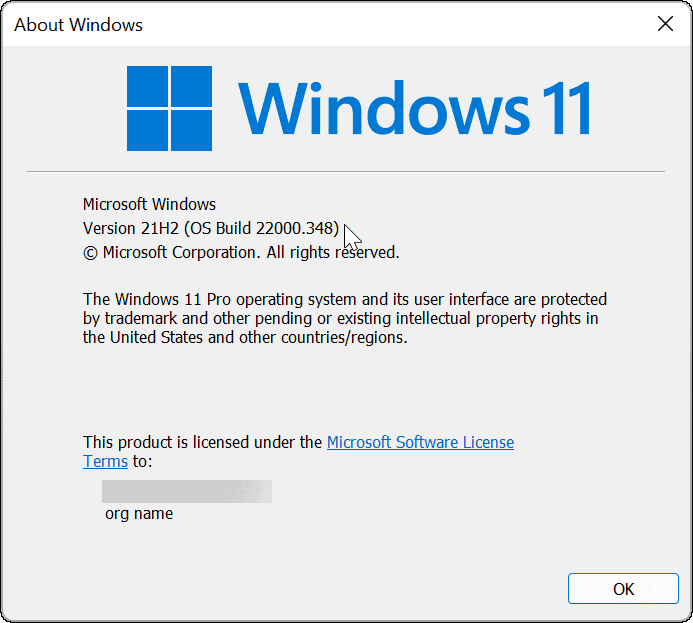 גרסה ובנייה של Windows 11 באמצעות פקודת winver