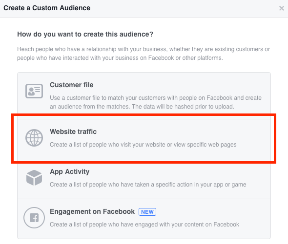בחר תעבורת אתרים כדי להגדיר את קהל ההמרות המותאם אישית שלך בפייסבוק.