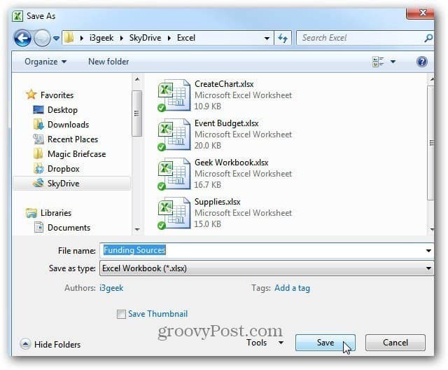 שמור מסמך Excel ב- SkyDrive