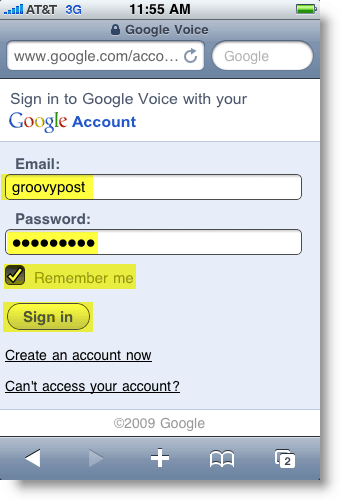 דף הכניסה לנייד של Google Voice
