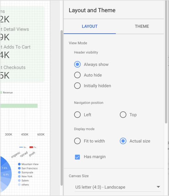 היבטים משופרים של דוח Data Studio כמו מצב התצוגה וגודל הבד. 