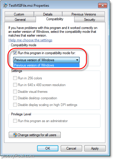 כיצד להציג מידע תאימות לקובץ Windows 7 msi - -
