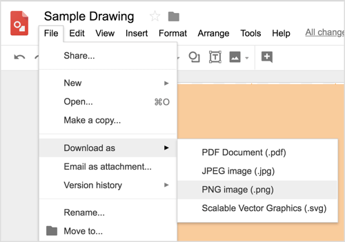 בחר קובץ> הורד בשם> תמונת PNG (.png) להורדת עיצוב Google Drawings שלך.