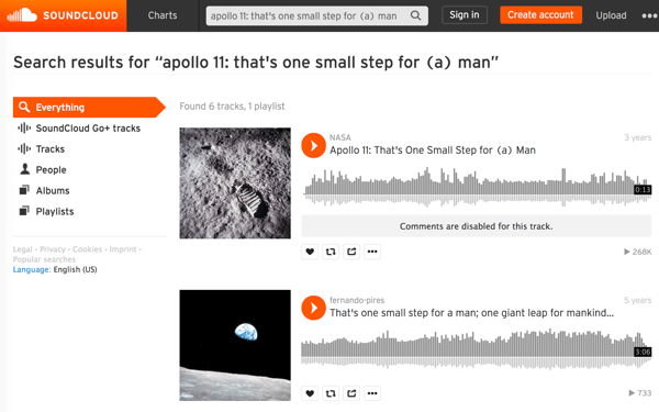 חפש בקבצי המדיה של נאס"א ב- SoundCloud כדי למצוא ולהוריד את שמע הרגעים ההיסטוריים האיקוניים כמו ההליכה הראשונה על הירח.