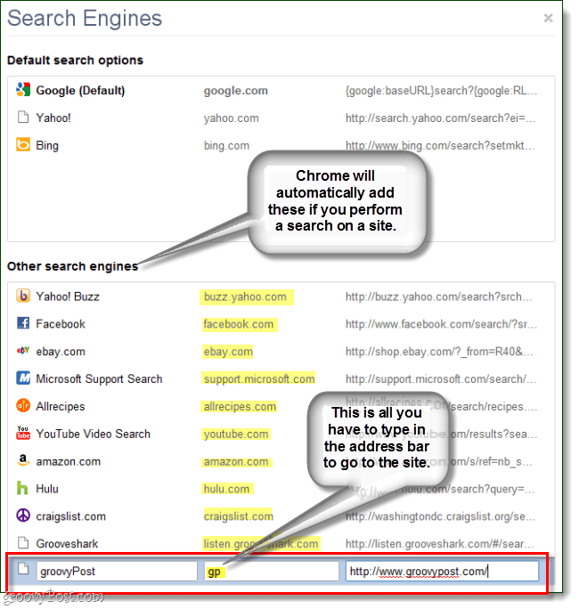 chrome מייצר אוטומטית מנועי חיפוש אחרים אך אתה יכול להזין משלך