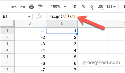שימוש בסימן וכפל כדי לשנות מספרים שליליים לחיוביים ב-Google Sheets