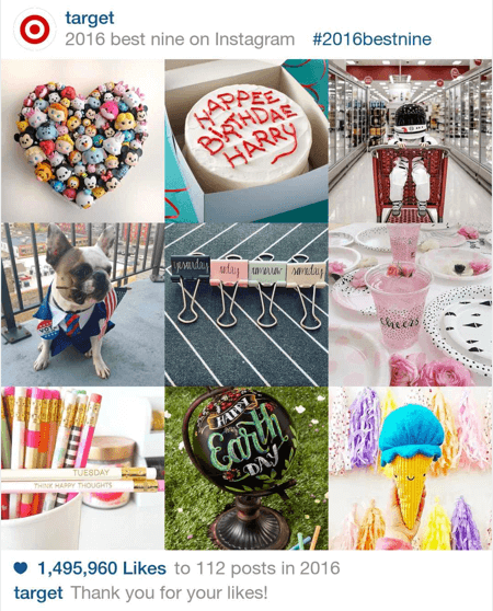 הנה דוגמה לתשעת הפוסטים הטובים ביותר ב- Instagram ב- Target בשנת 2016.
