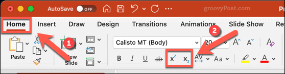סמלים לשינוי טקסט לכתב-כתב או לכתב-על ב- PowerPoint ב- Mac