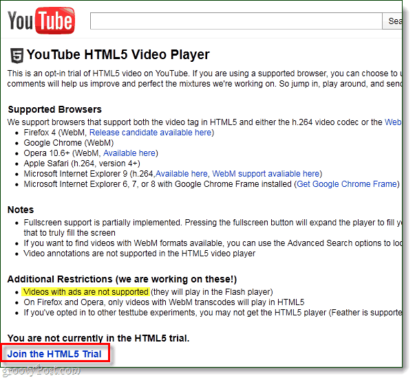 הצטרפות ל- HTML5 של YouTube