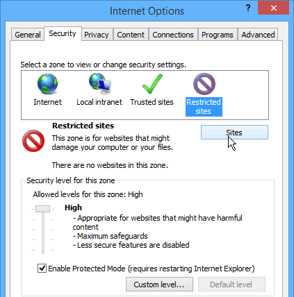 אתרים מוגבלים של Internet Explorer