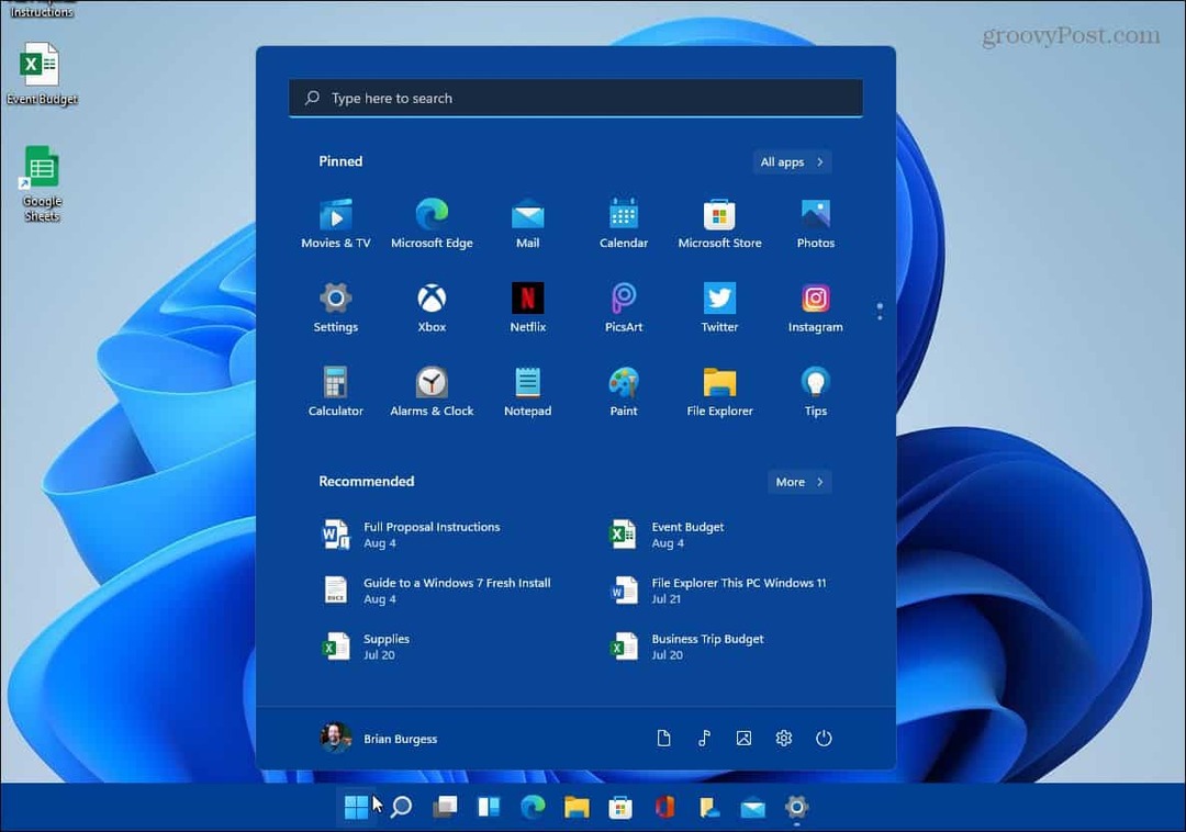דוגמה לשינוי שורת המשימות של התחלת הצבע Windows 11