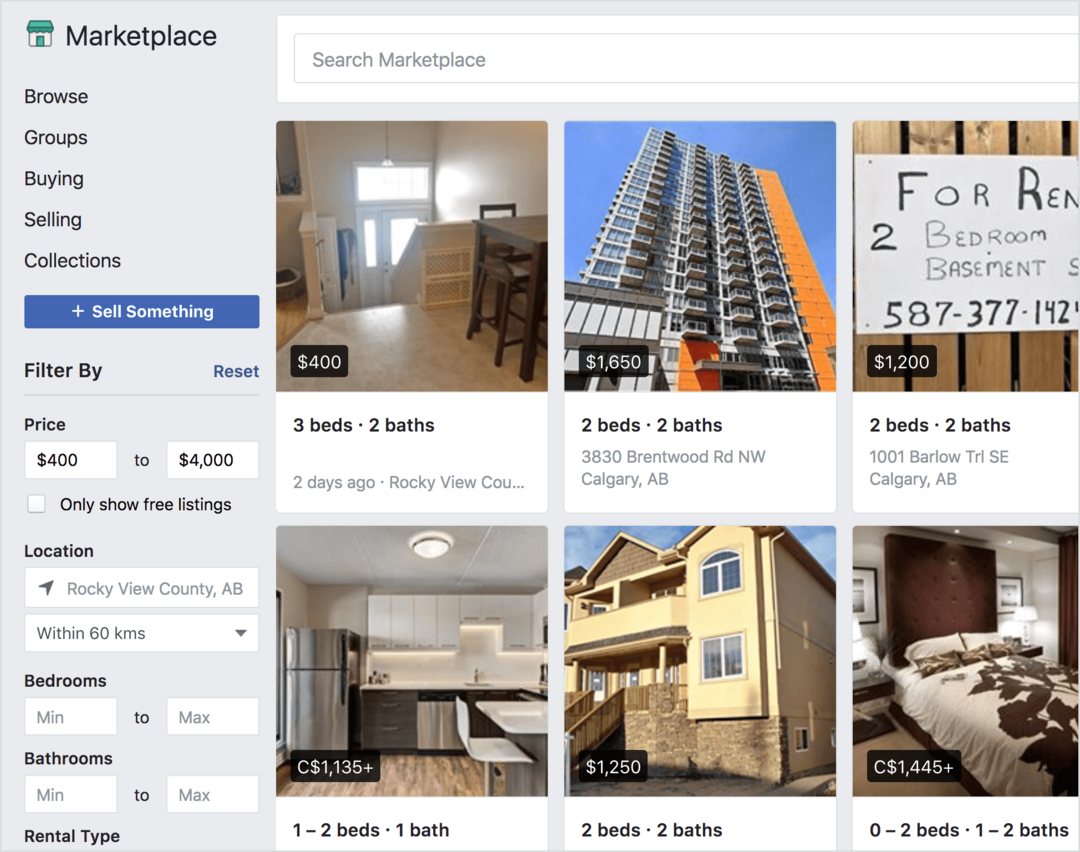 פייסבוק מרקטפלייס מציע נכסים להשכרה למכירה.