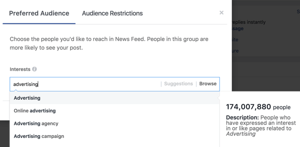 לאחר שתקליד עניין, פייסבוק תציע עבורך תגי עניין נוספים.