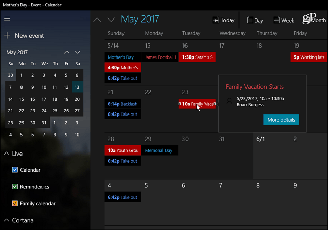 אפליקציית לוח השנה של Windows 10