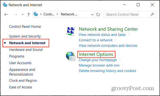 אפשרויות אינטרנט ברשת בלוח הבקרה של Windows