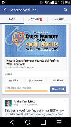 גישה לפוסטים ולהערות בדף מאפליקציית facebook