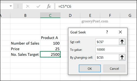 הכלי לחיפוש יעדים של Excel