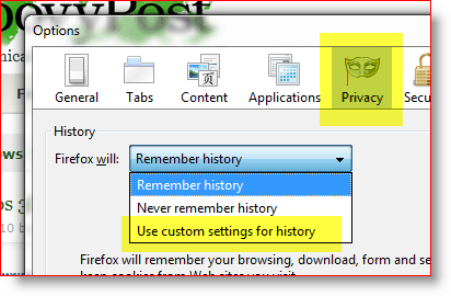 Firefox - השתמש בהגדרות מותאמות אישית להיסטוריה