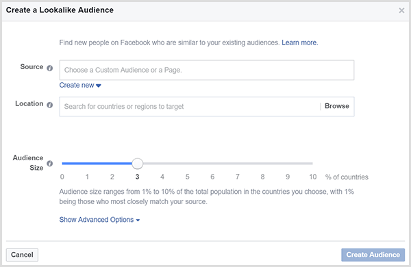 בתיבת הדו-שיח 'צור קהל דומה' של פייסבוק יש מחוון גודל קהל.