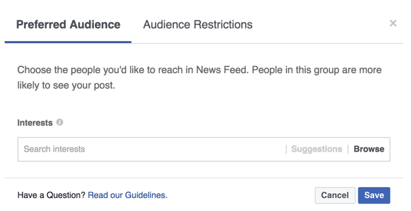 הוסף תגי עניין המשקפים את האנשים שאליהם תרצה להגיע באמצעות הפוסט שלך בפייסבוק.