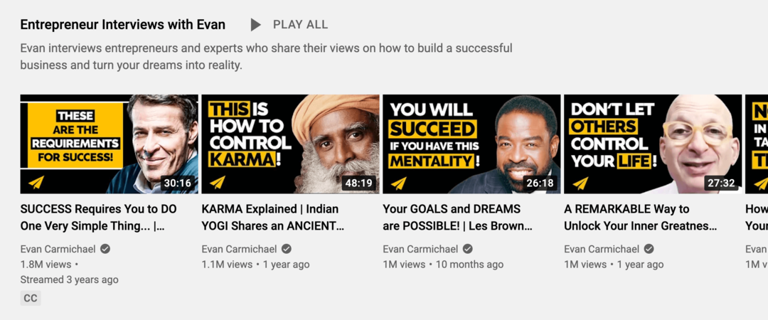 תמונה של ראיונות יזמים ב-YouTube עם אוון רשימת השמעה בערוץ היוטיוב של Evan Carmichael